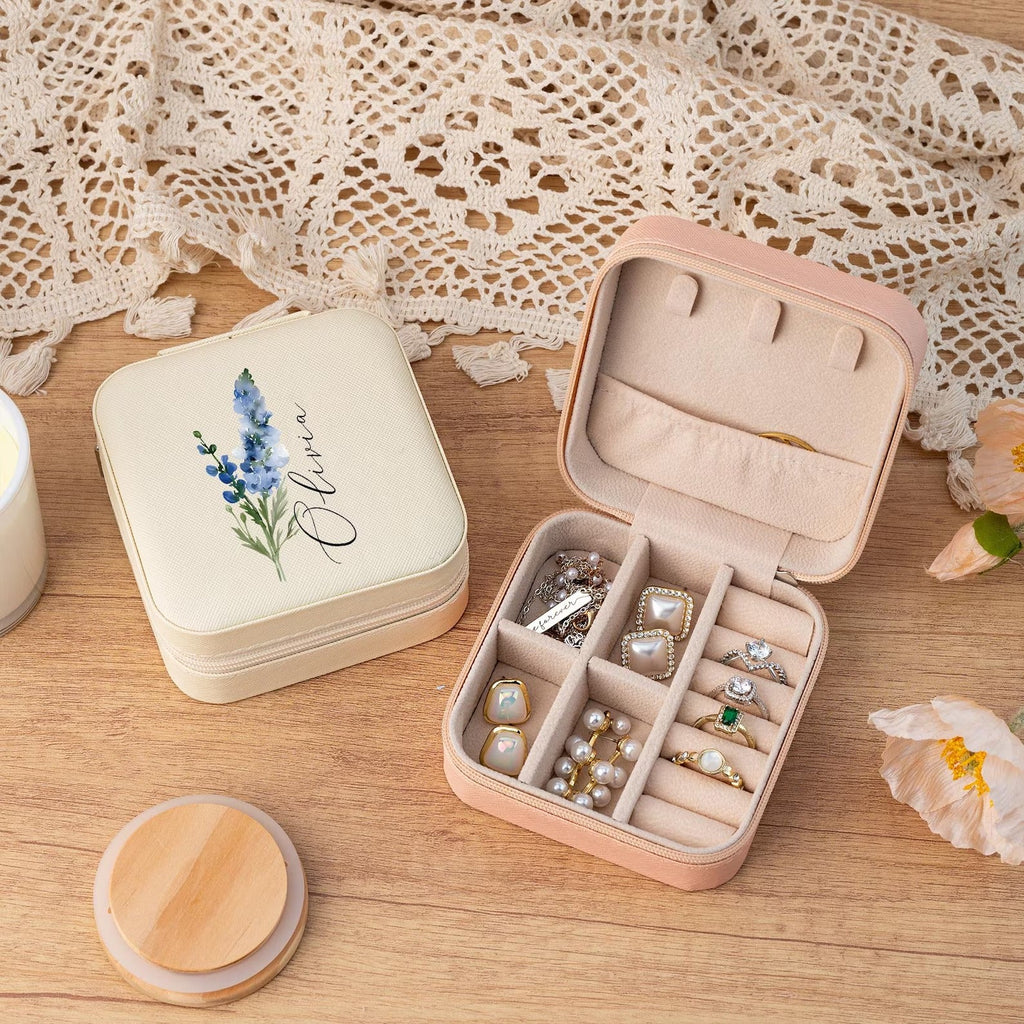 Customised Jewellery Box - Mini Travel Jewellery Box - Birthday Flower Print + Name (Random Box)