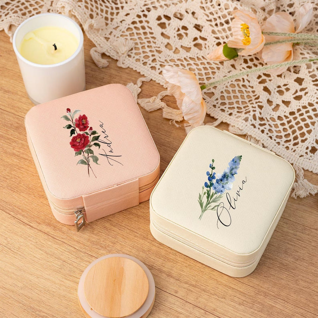 Customised Jewellery Box - Mini Travel Jewellery Box - Birthday Flower Print + Name (Random Box)