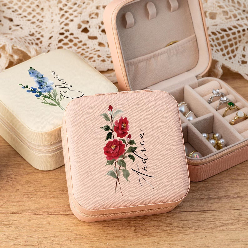 Customised Jewellery Box - Mini Travel Jewellery Box - Birthday Flower Print + Name (Random Box)