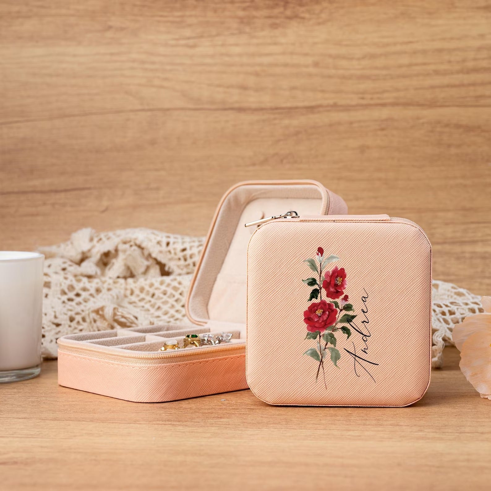 Customised Jewellery Box - Mini Travel Jewellery Box - Birthday Flower Print + Name (Random Box)