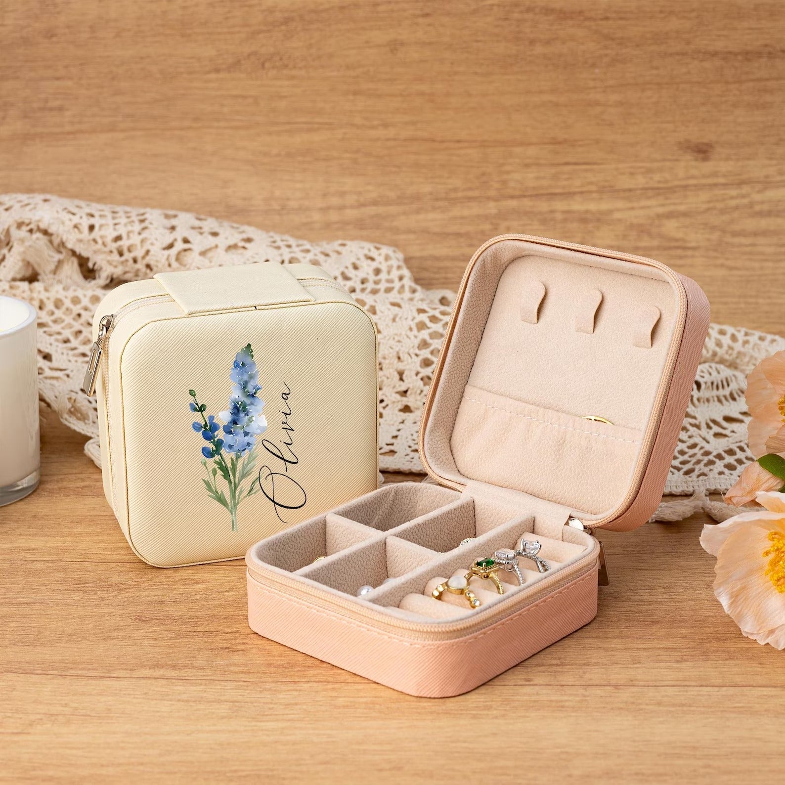 Customised Jewellery Box - Mini Travel Jewellery Box - Birthday Flower Print + Name (Random Box)