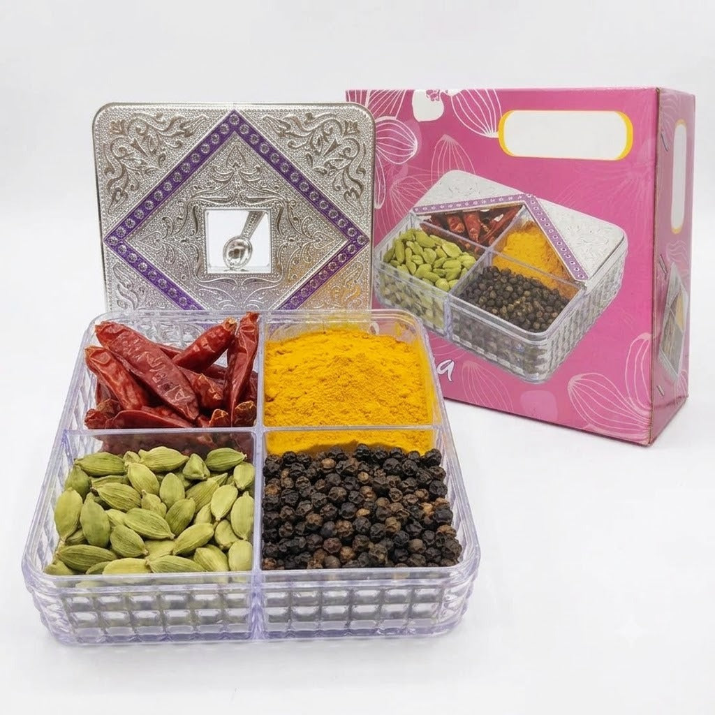 4 Compartment Acrylic Dry Fruit & Mukhwas Box – Chocolate, Snacks & Mouth Freshener Storage Container (Random Color-Pack of 1)